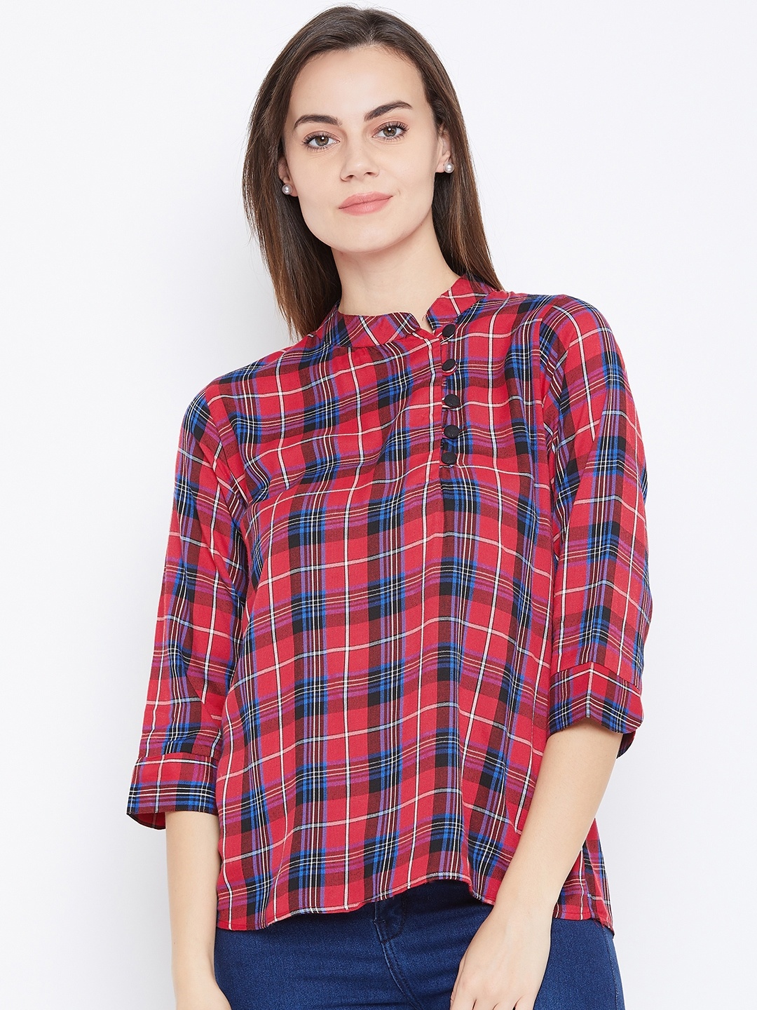 

One Femme Women Red Checked A-Line Pure Cotton Top