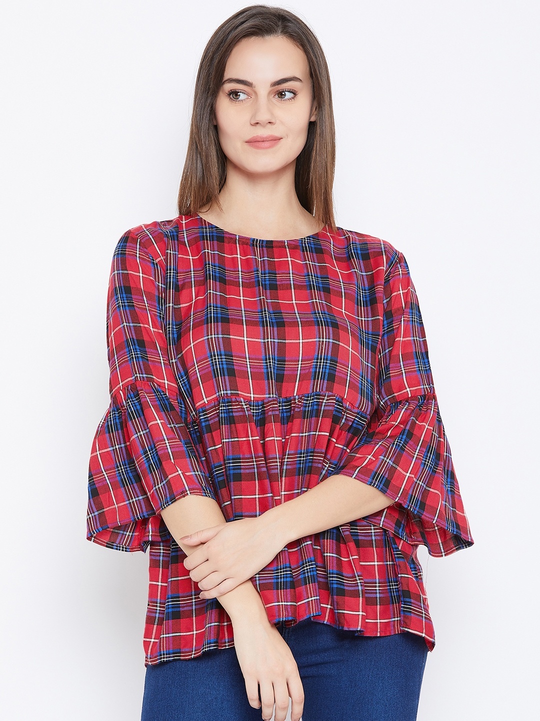 

One Femme Women Red & Blue Checked A-Line Pure Cotton Top