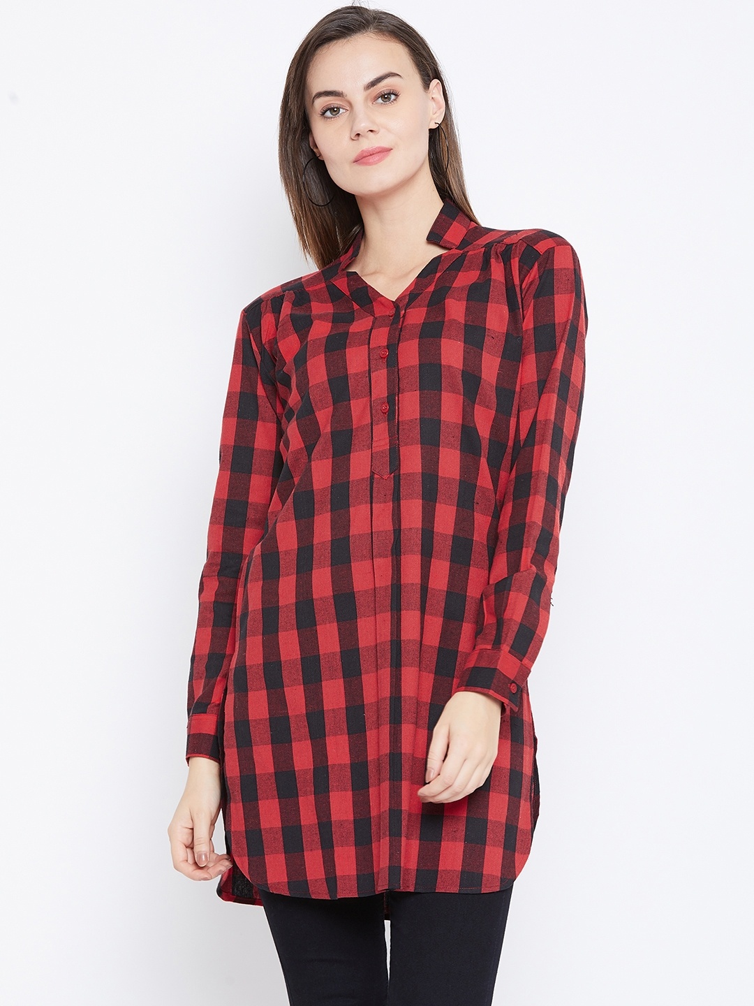 

One Femme Women Red & Black Checked Tunic