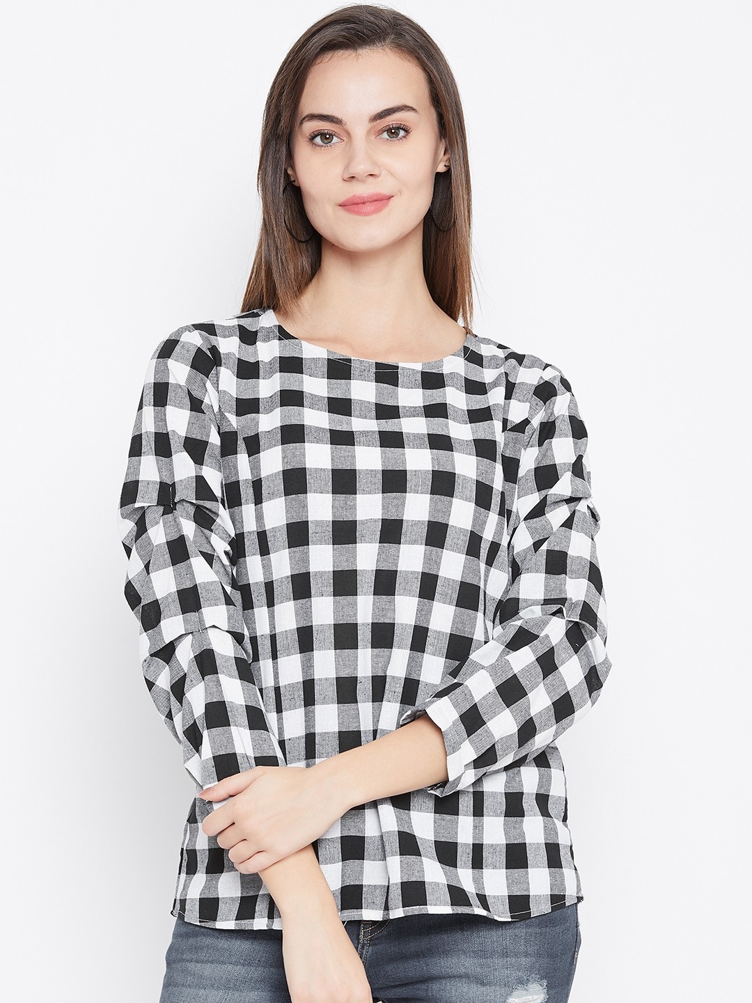 

One Femme Women White & Black Checked Pure Cotton Top