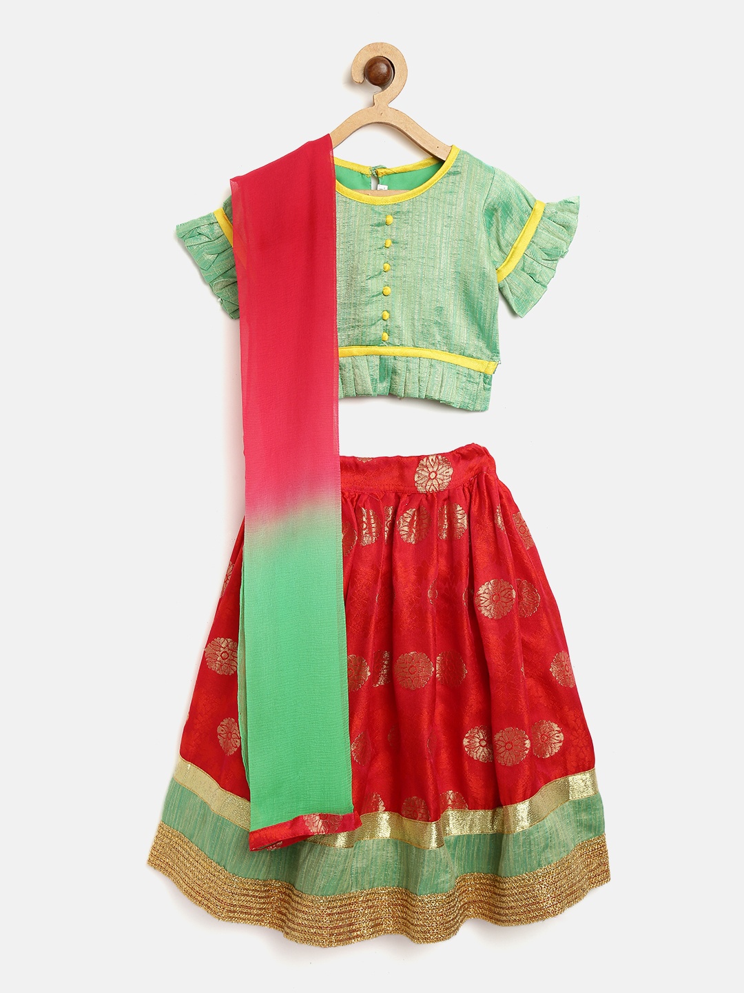 

BownBee Girls Red & Green Ready to Wear Lehenga & Blouse with Dupatta