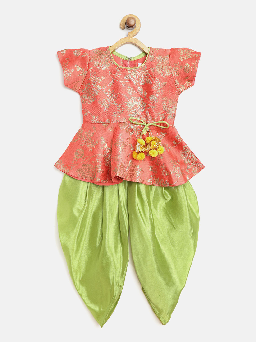 

BownBee Girls Coral Orange & Green Self Design Kurti with Dhoti Pants