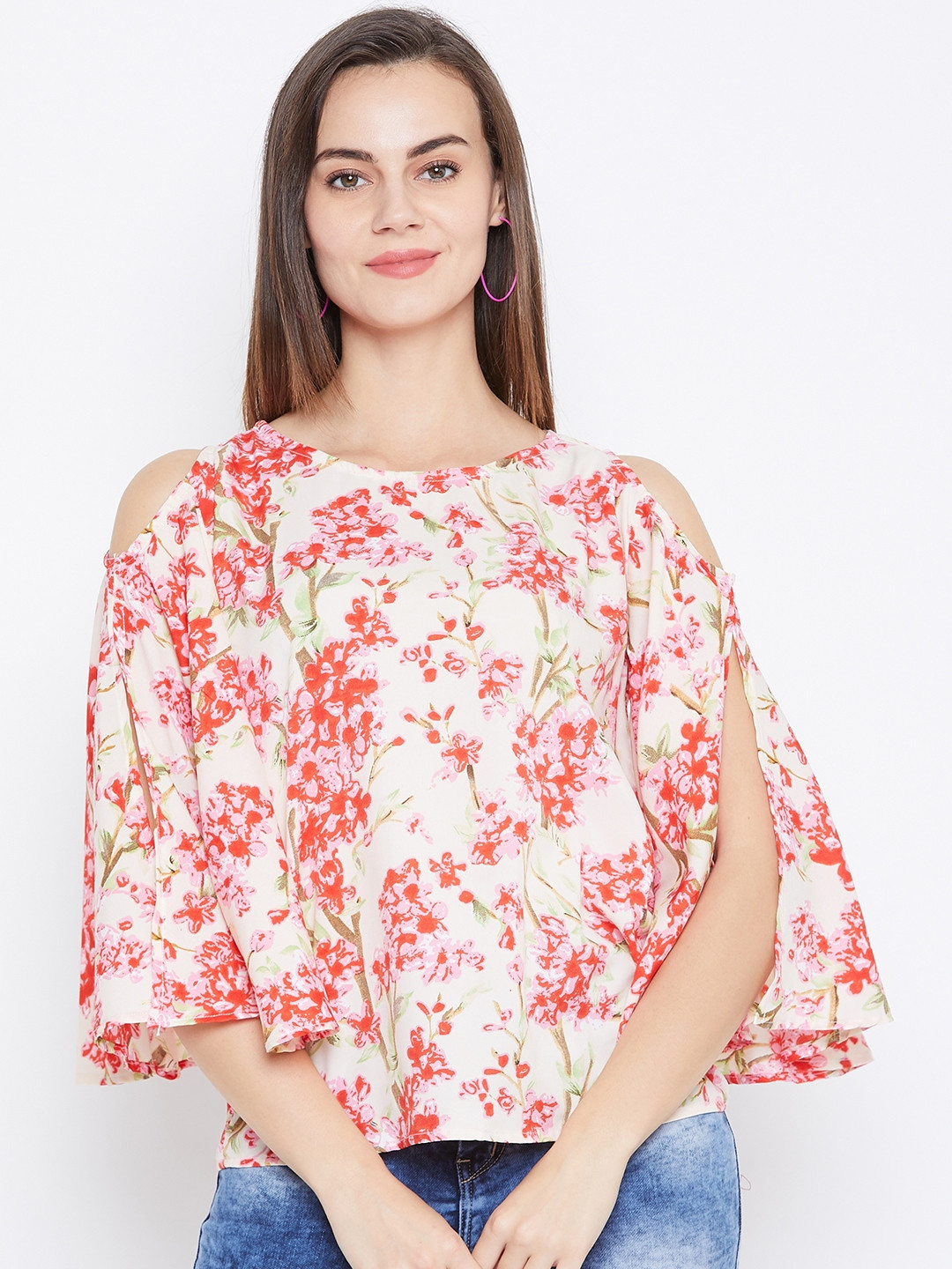 

One Femme Women Cream-Coloured & Red Cold-Shoulder Printed Top