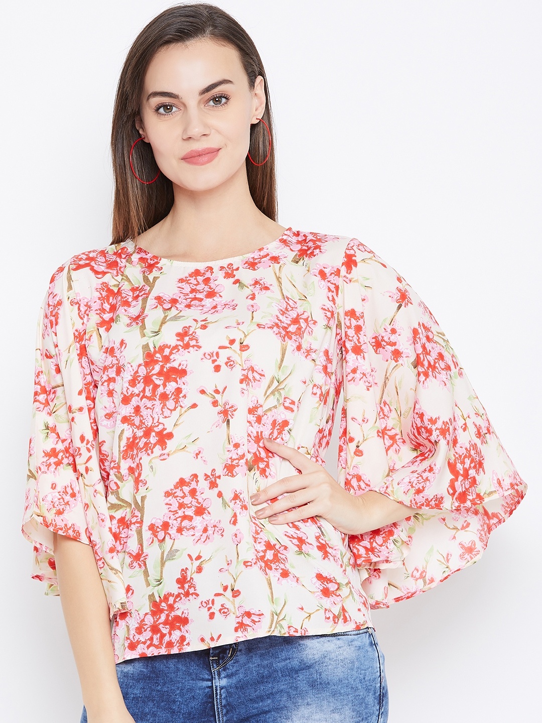 

One Femme Women Cream-Coloured & Red Printed Top