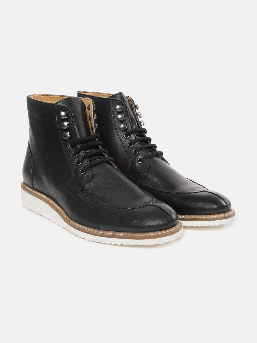 

Carlton London Men Black Solid Leather Mid-Top Flat Boots