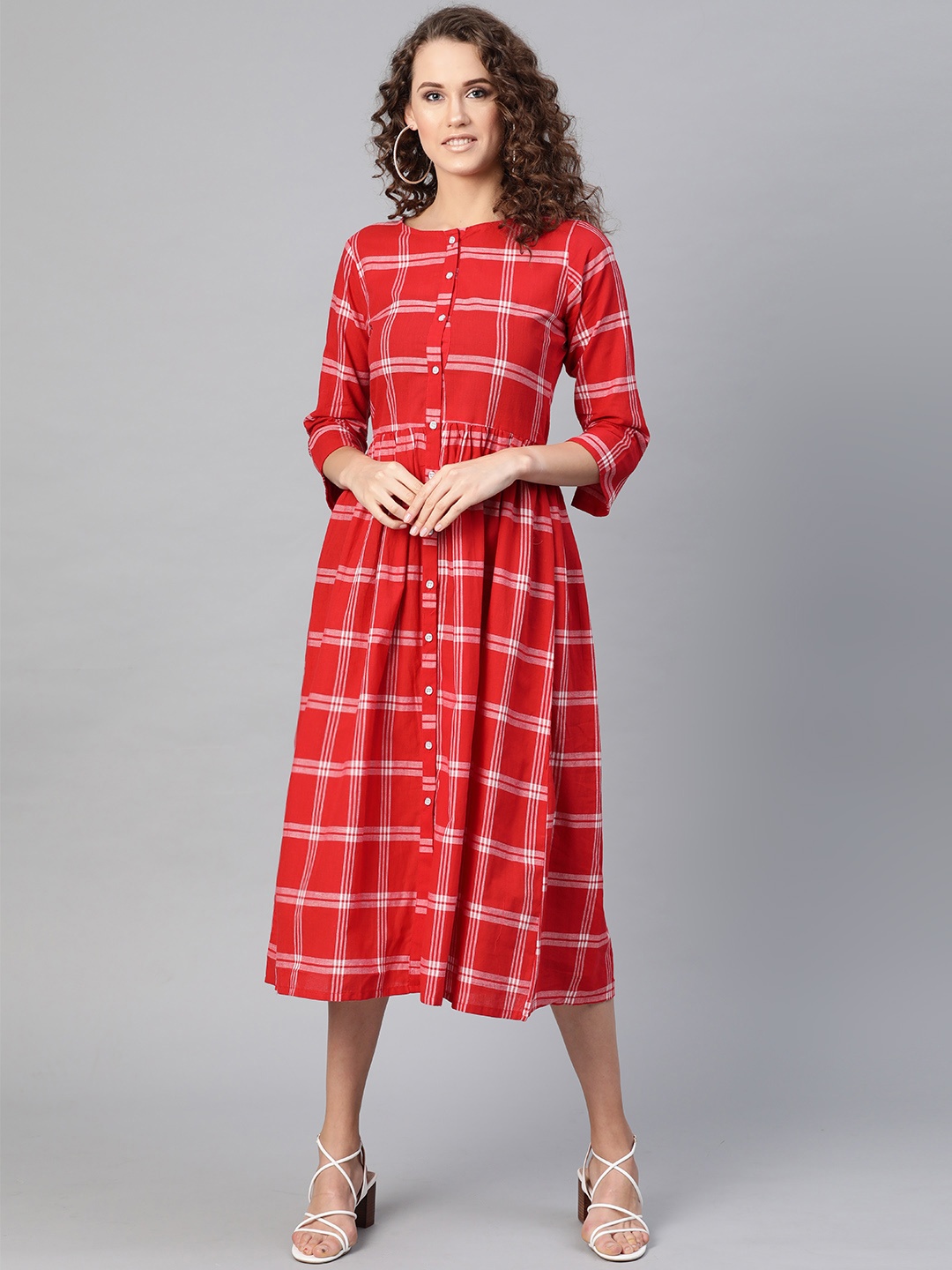 

Bhama Couture Women Red Checked A-Line Dress