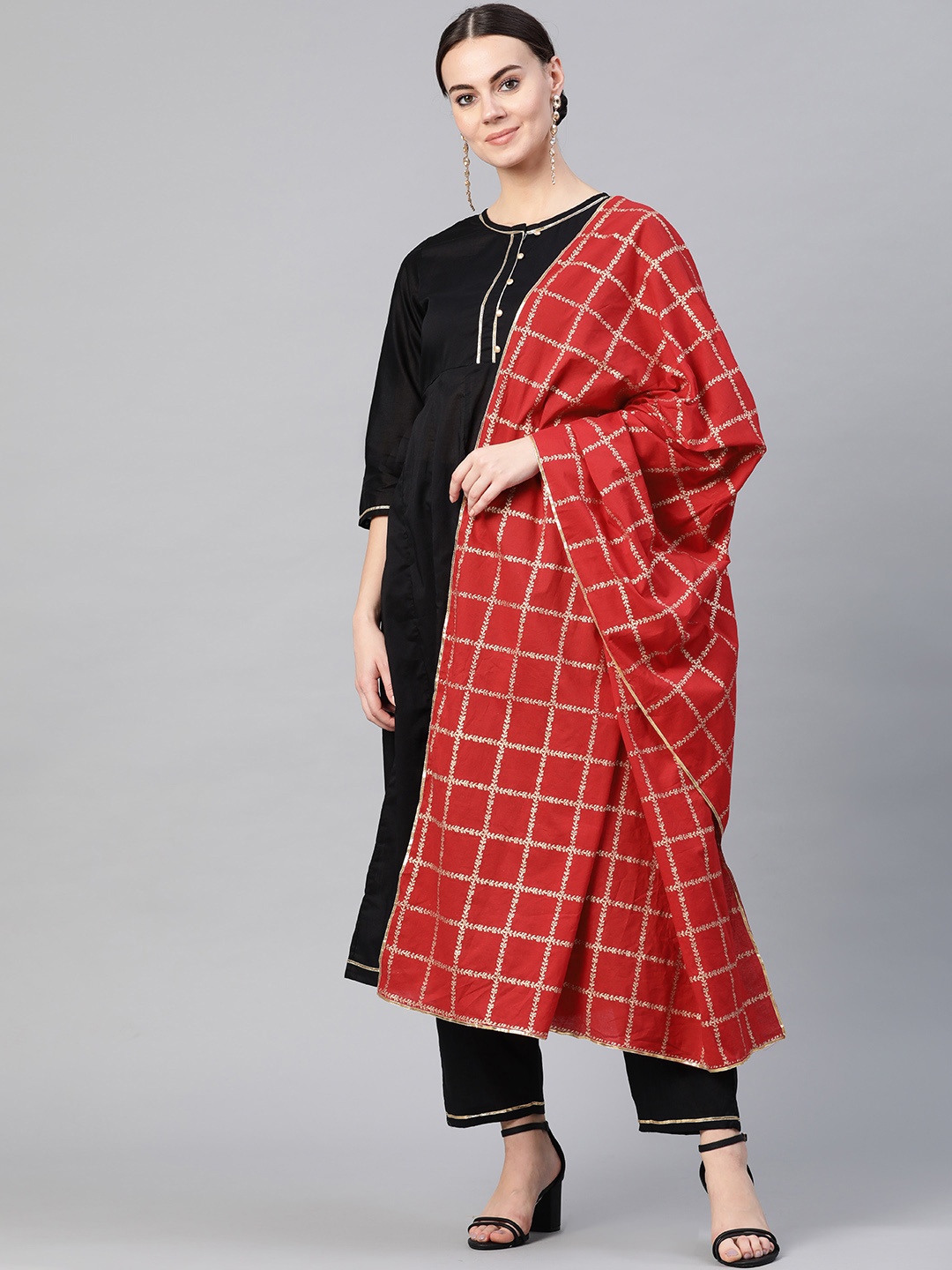 

Bhama Couture Women Black & Red Solid Kurta with Trousers & Dupatta