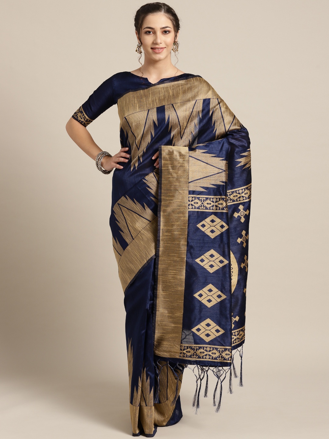 Saree mall Navy Blue & Beige Woven Design Saree