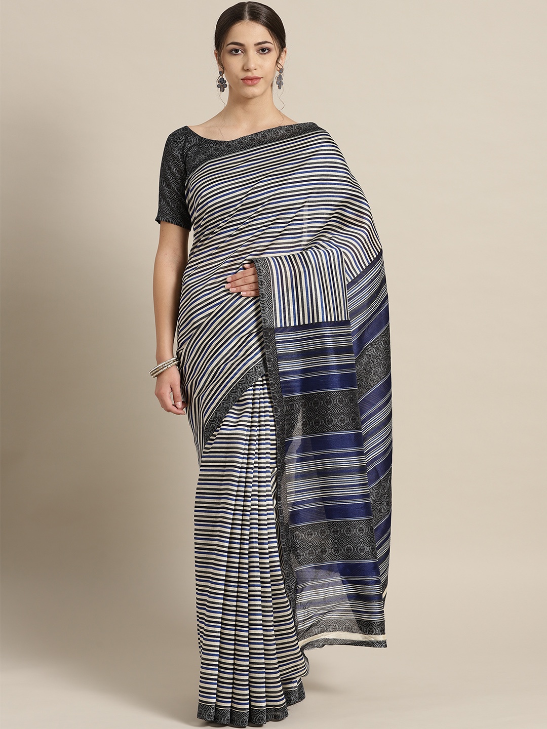 

Saree mall Grey & Cream-Coloured Striped Saree