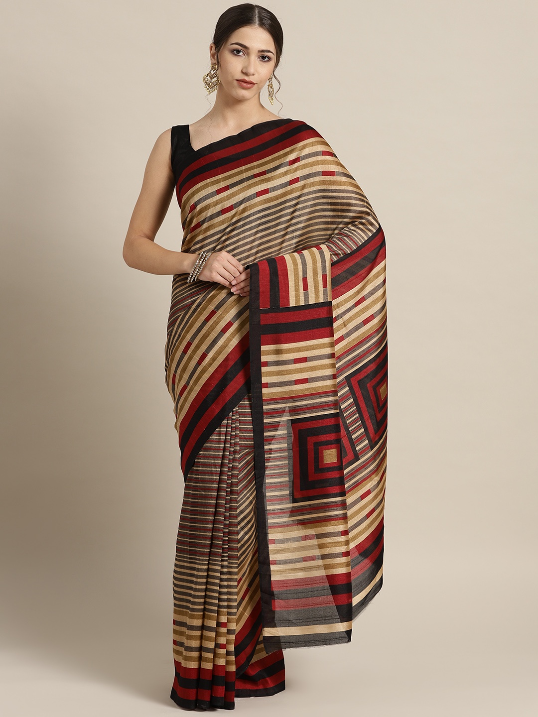 

Saree mall Beige & Maroon Striped Saree