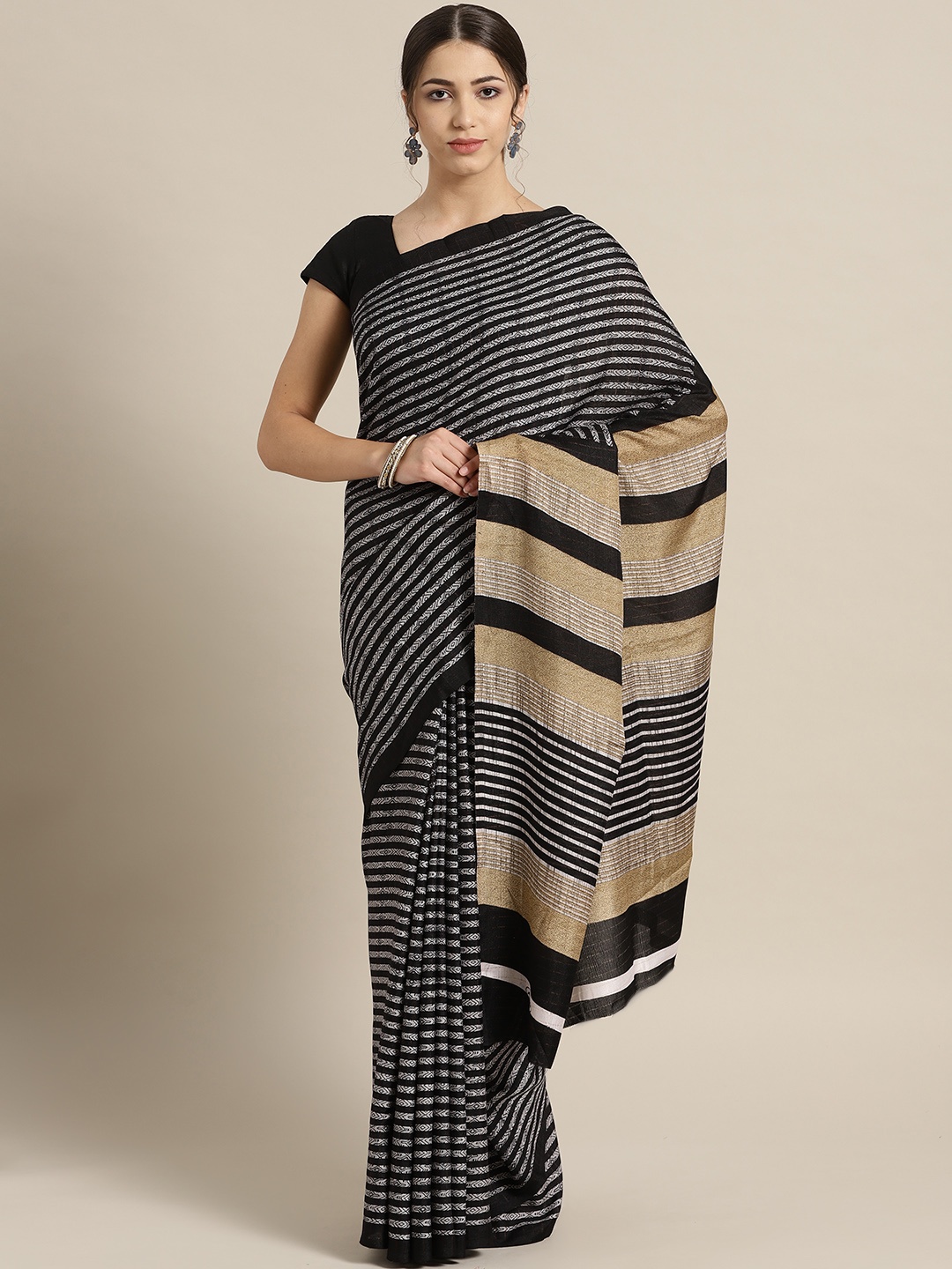 

Saree mall Black & Off-White Striped Saree