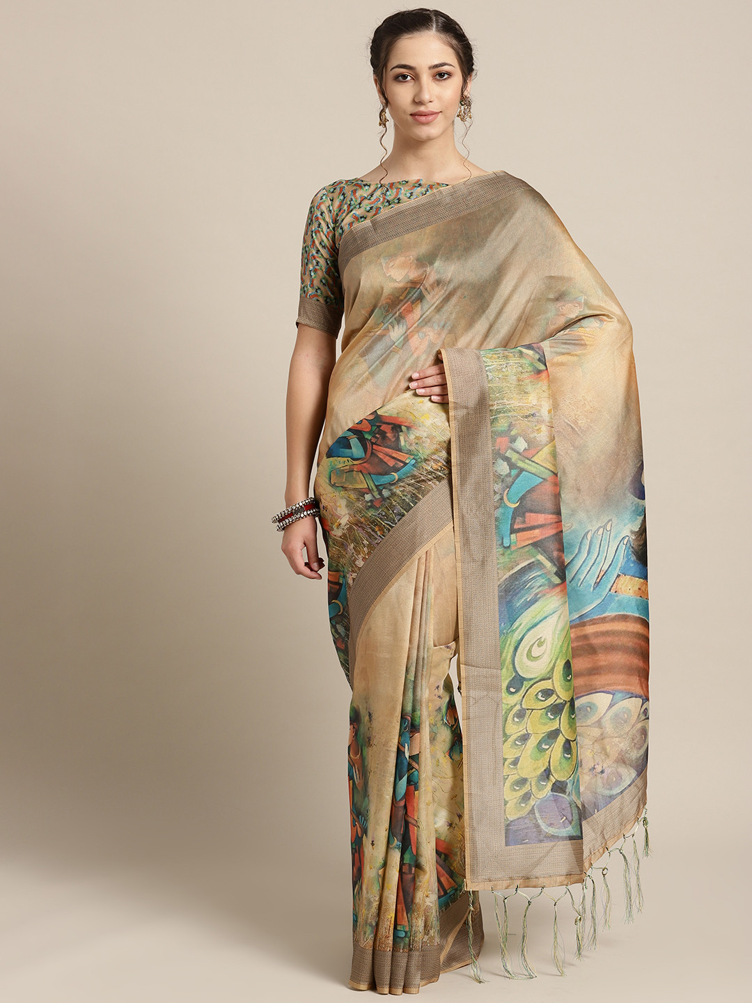 

Saree mall Beige & Blue Printed Saree