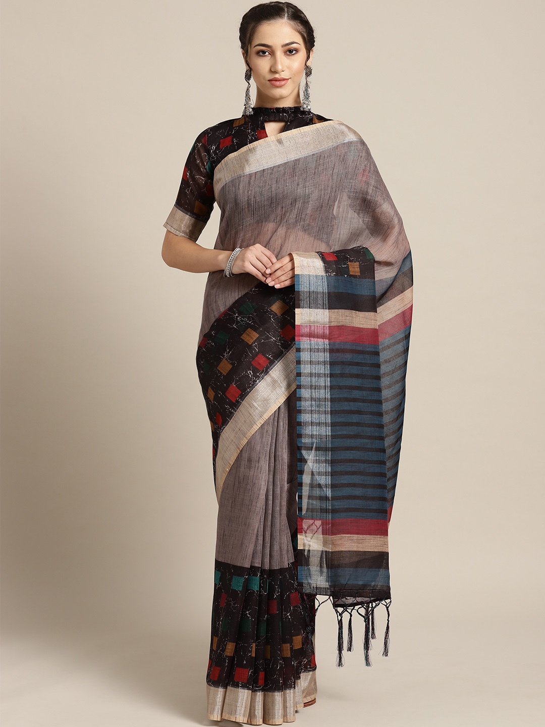 

Saree mall Taupe & Black Woven Design Saree