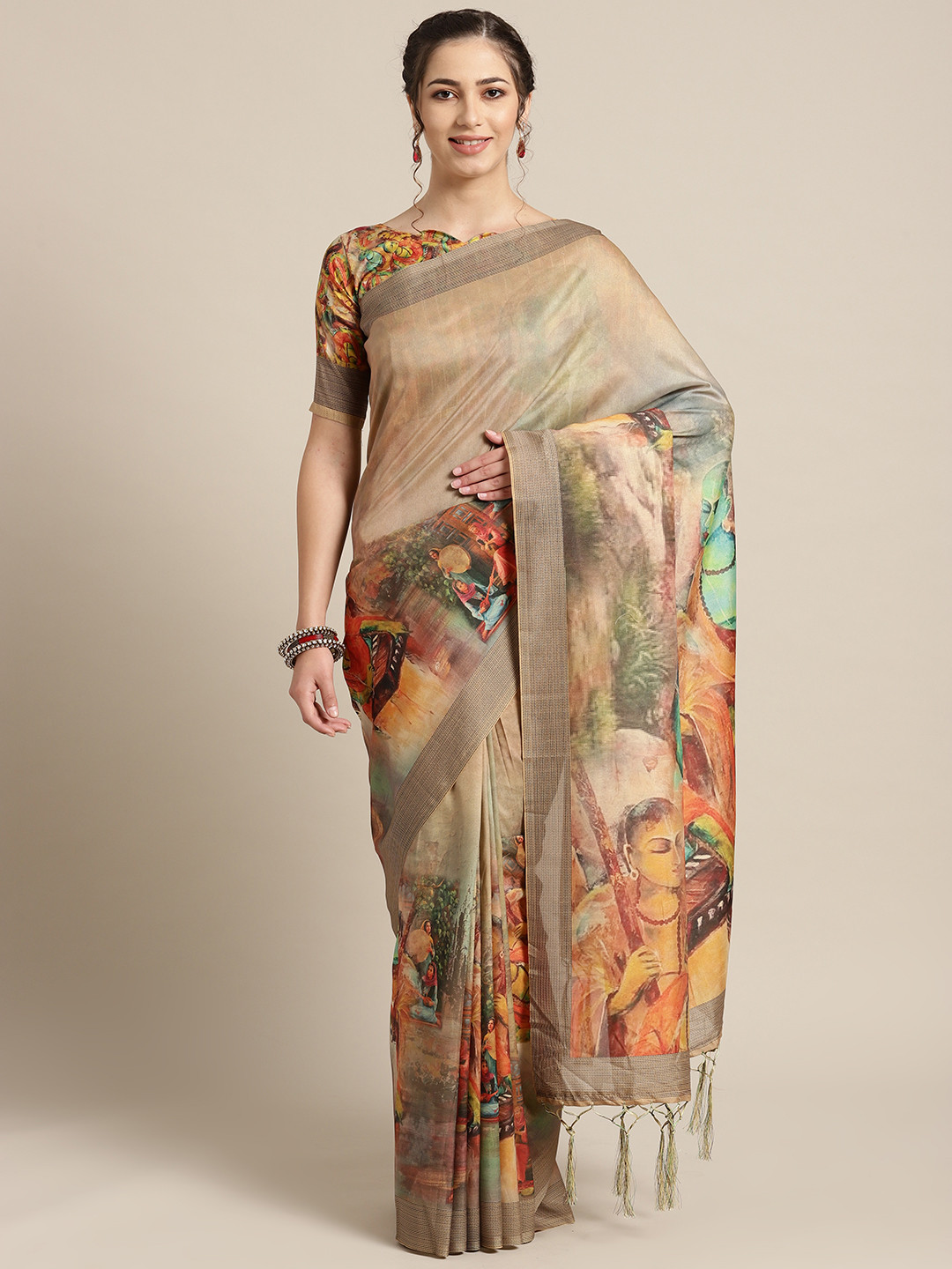 

Saree mall Beige & Mustard Yellow Printed Saree