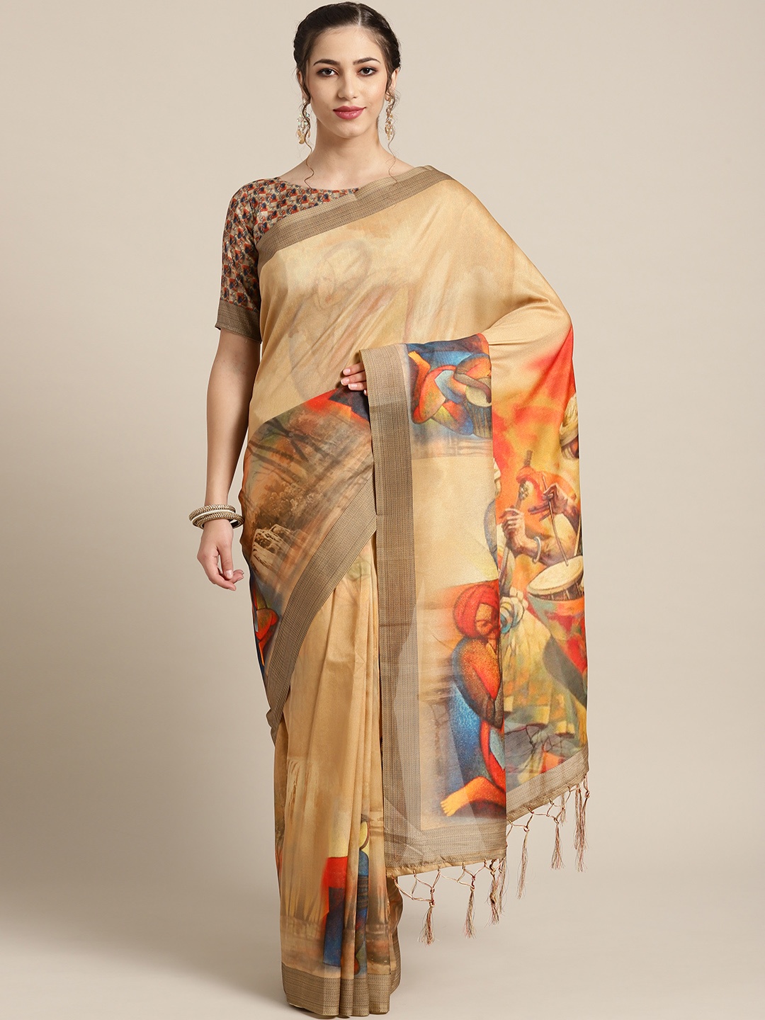 

Saree mall Beige & Orange Printed Saree