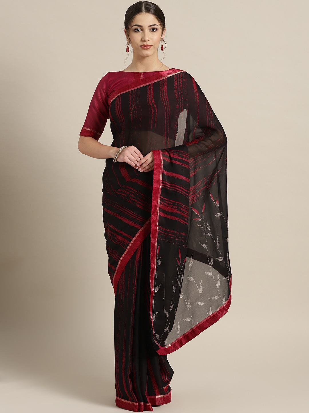 

Saree mall Black & Maroon Striped Saree