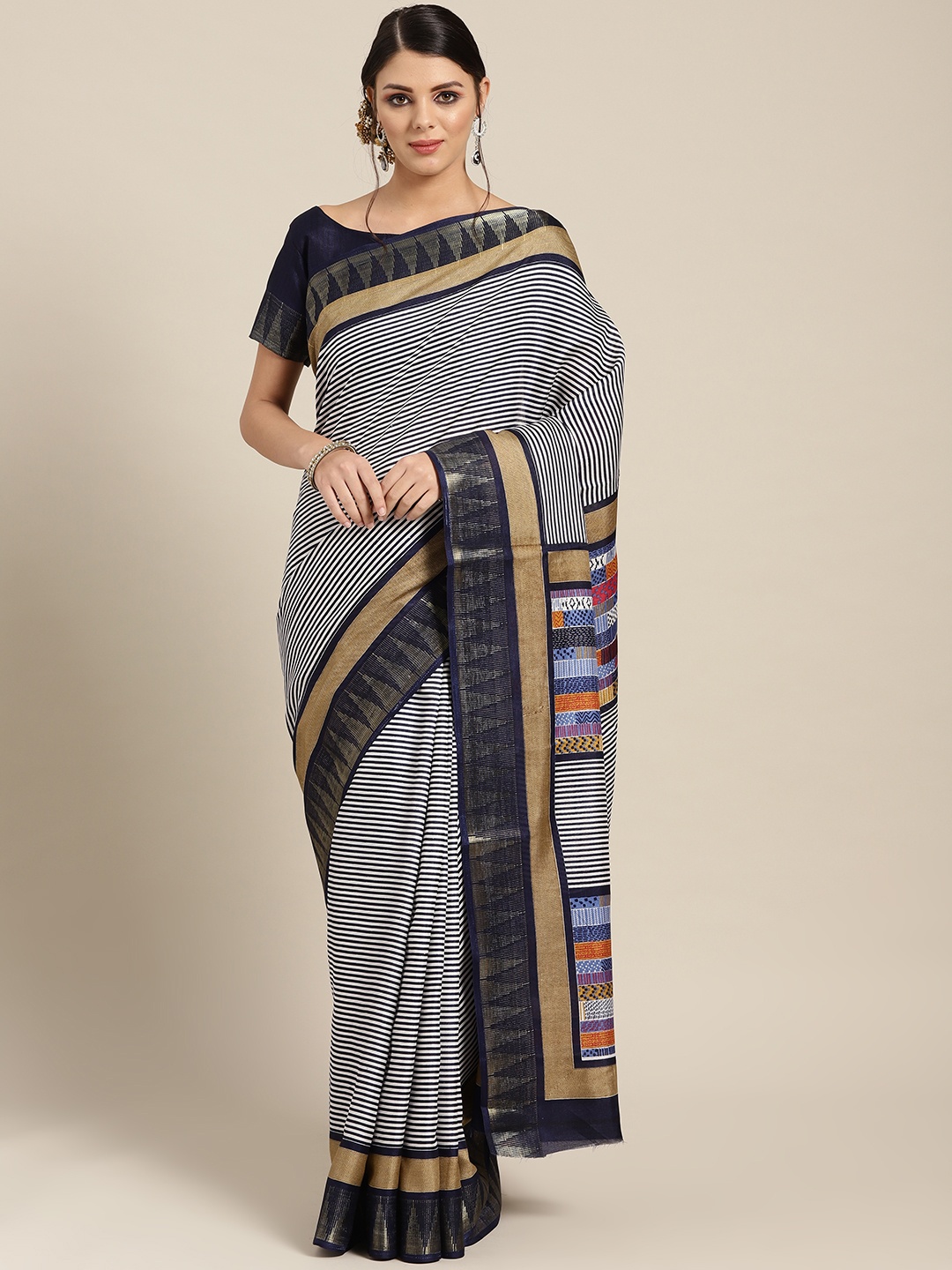 

Saree mall Navy Blue & White Striped Saree