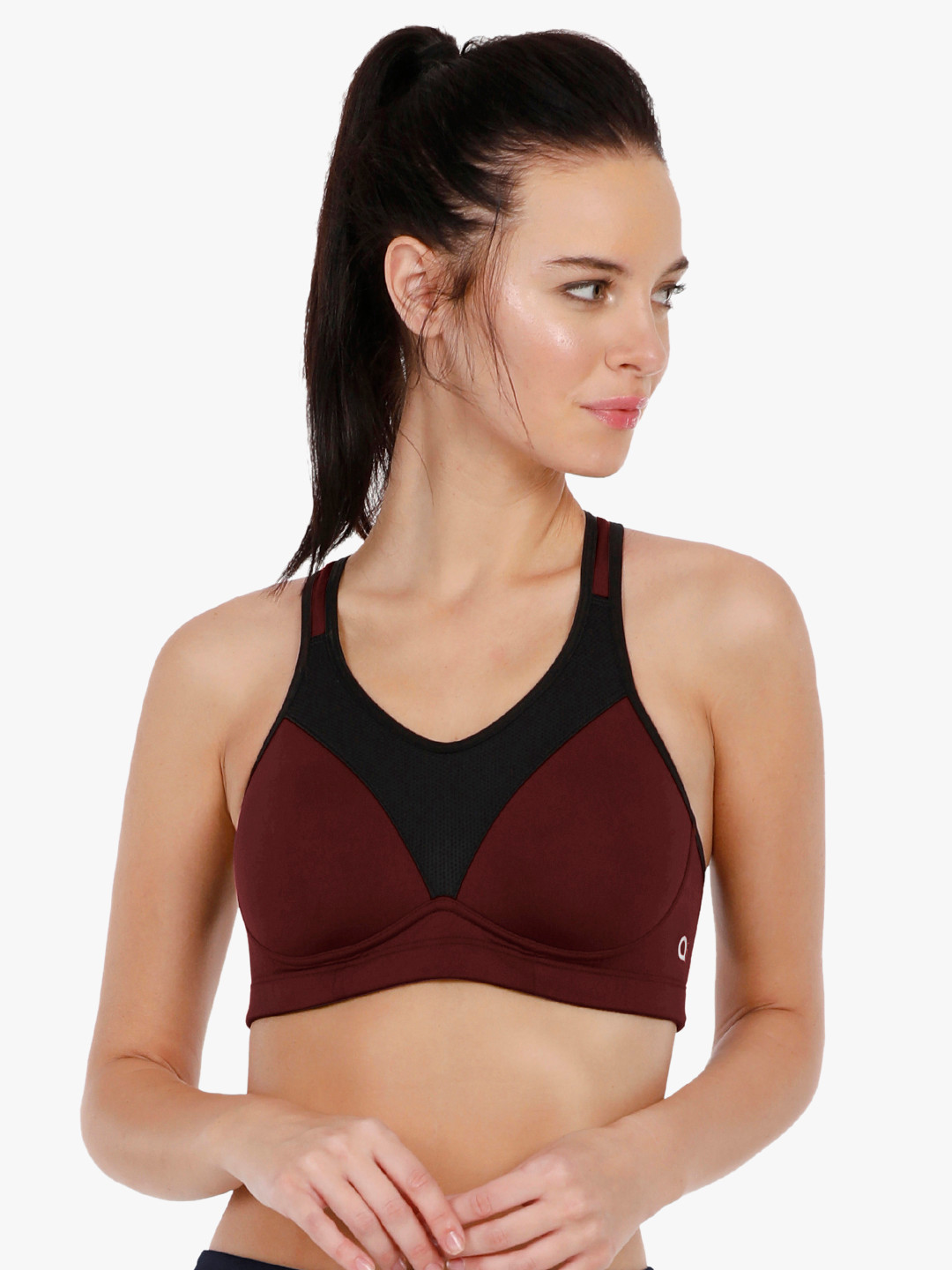 

Amante Maroon & Black Colourblocked Non-Wired Lightly Padded Sports Bra ABR17116