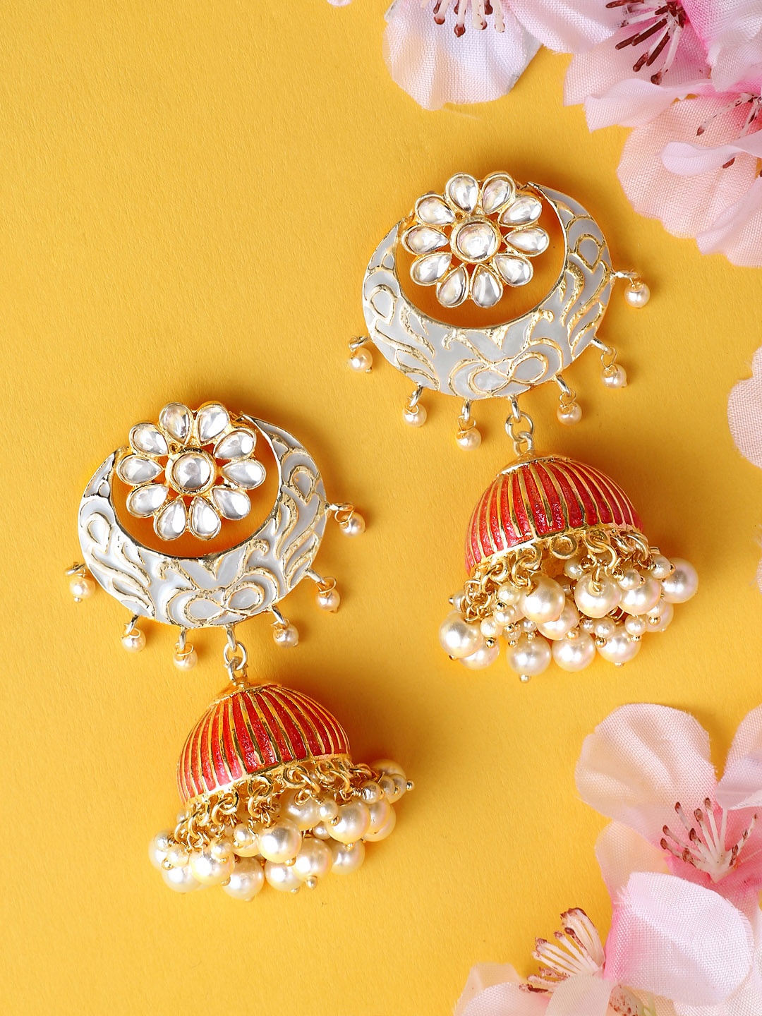 

Rubans Gold-Toned & Peach-Coloured Floral Jhumkas