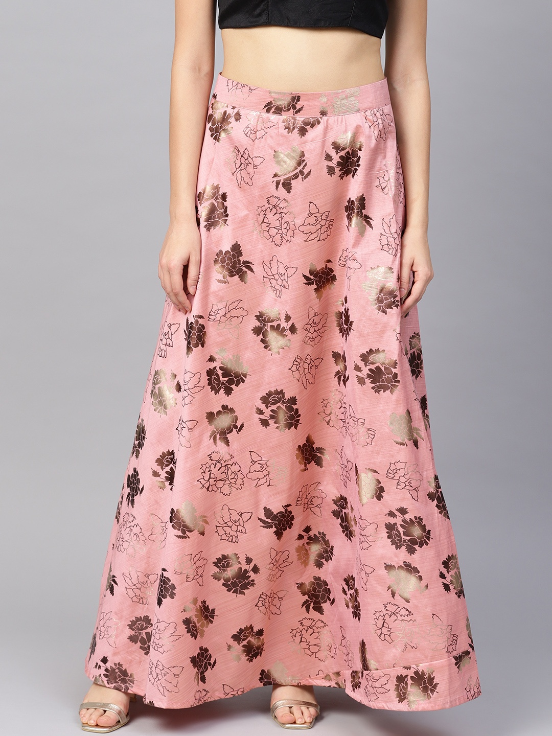 

Inddus Women Dusty Pink & Golden Printed Flared Maxi Skirt
