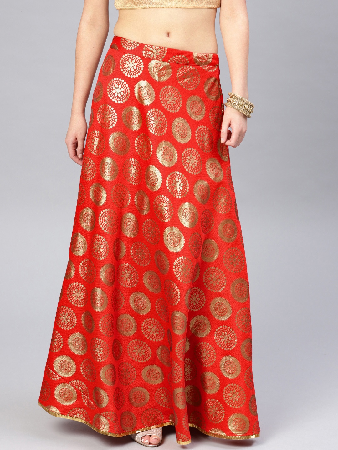 

Inddus Women Red & Golden Woven Design Flared Maxi Skirt