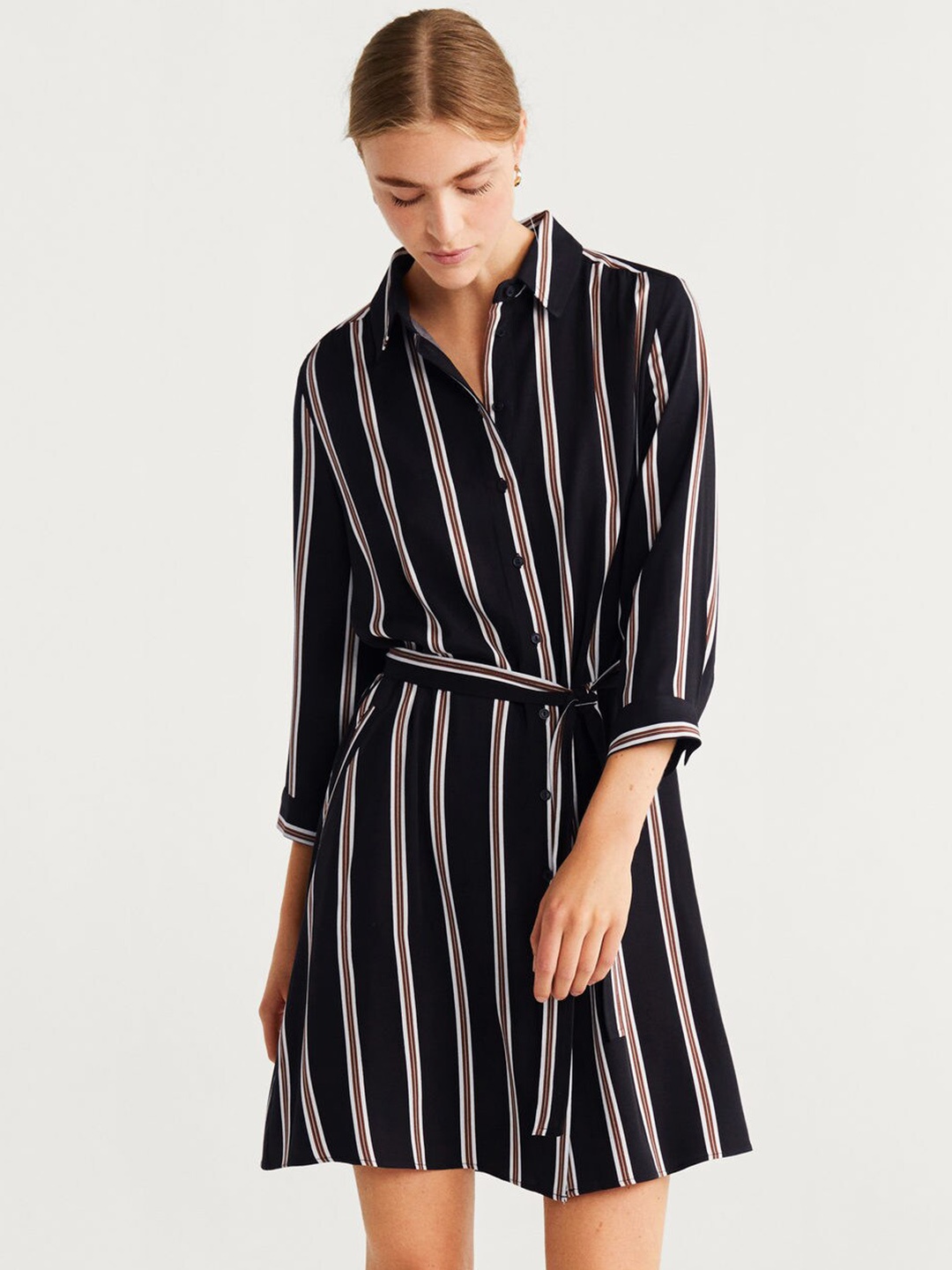 

MANGO Women Black & White Striped Shirt Dress