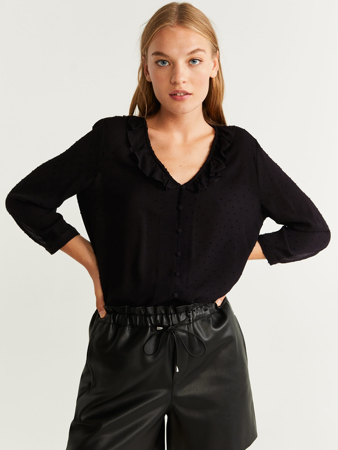

MANGO Women Black Self Design Top