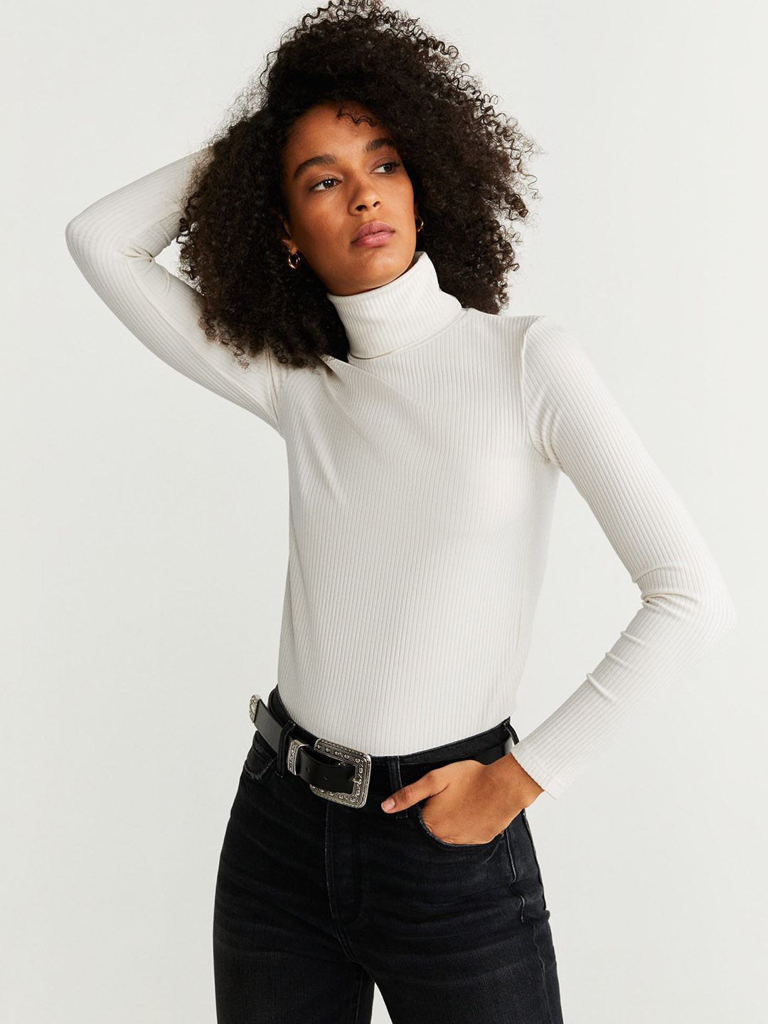 

MANGO Women Off-White Ribbed Regular Top