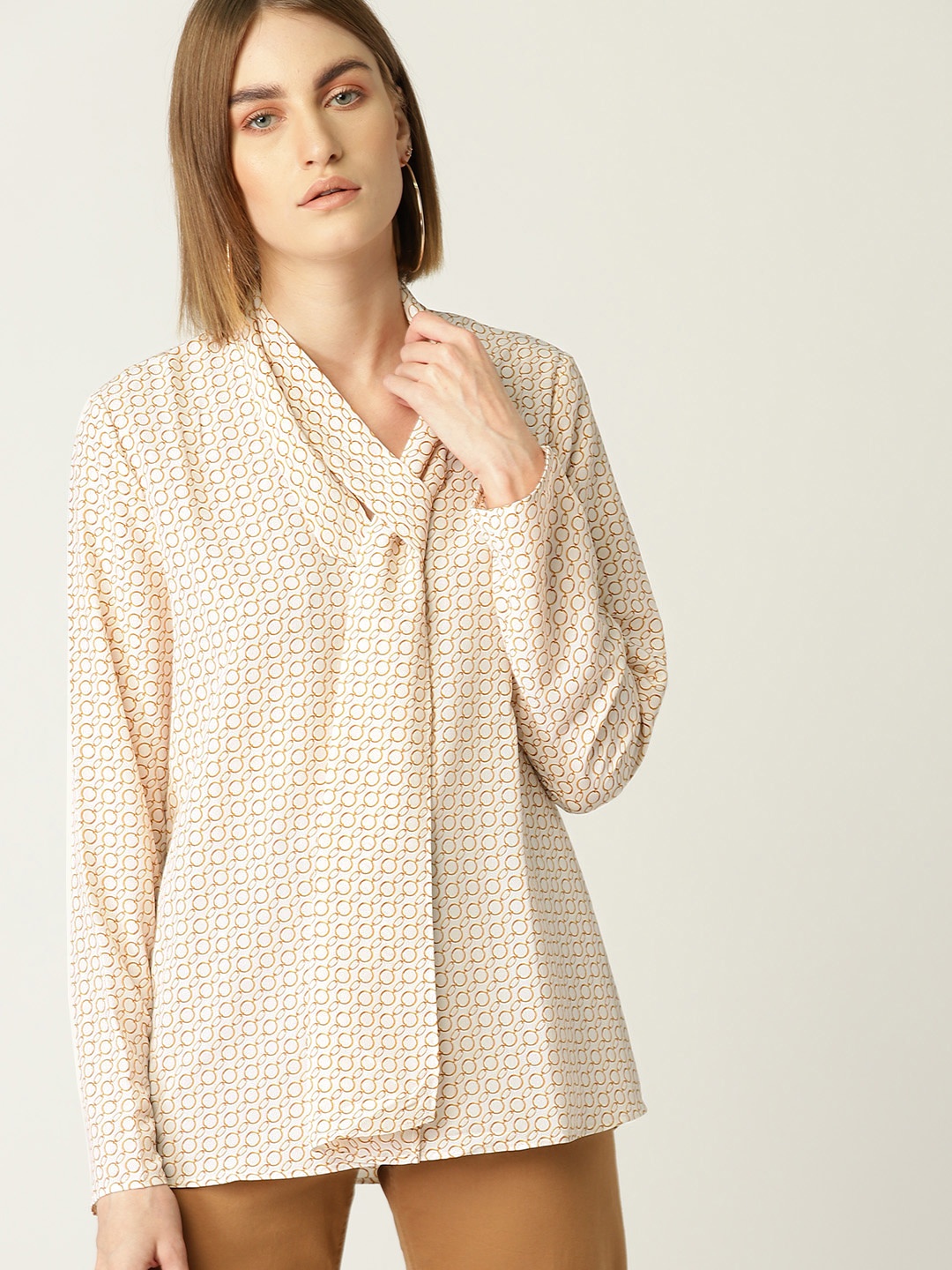

MANGO Women Off-White & Mustard Brown Printed Regular Top