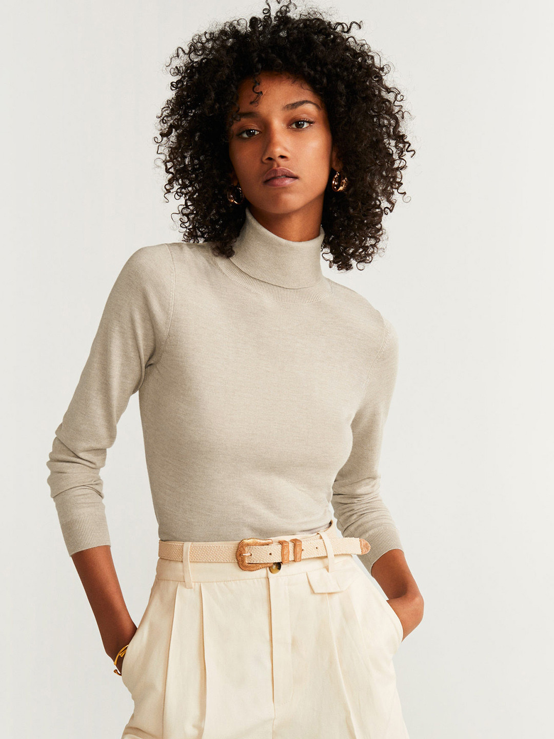 

MANGO Women Beige Solid Sweater
