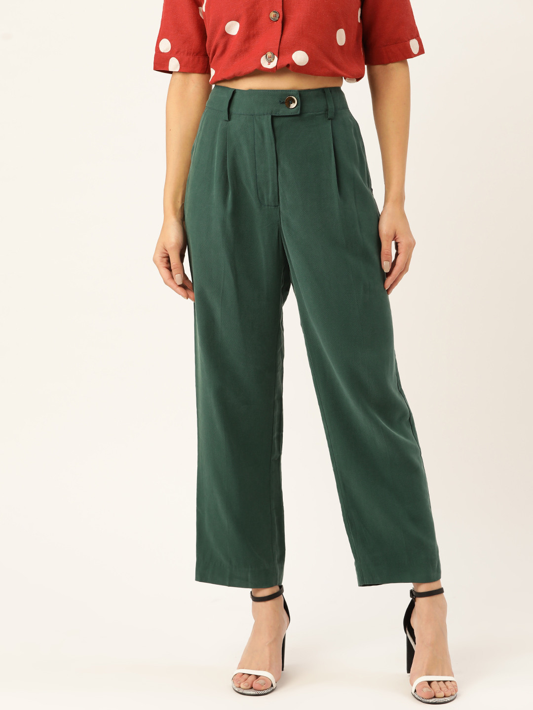

MANGO Women Green Straight Fit Solid Cropped Trousers