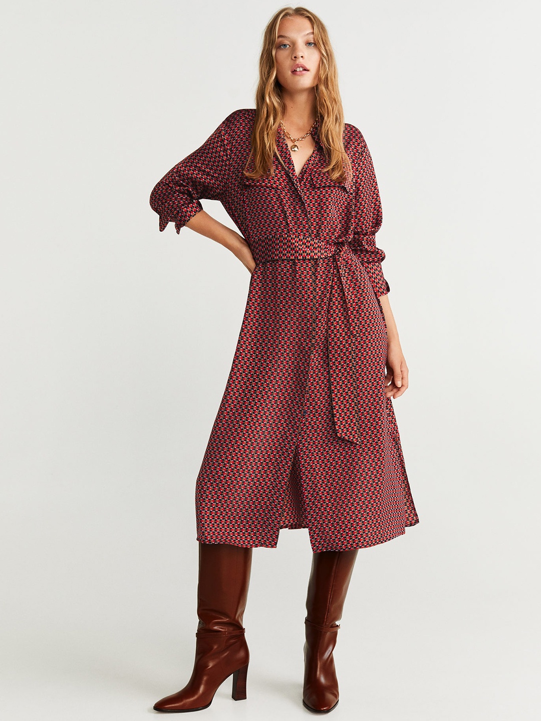 

MANGO Women Red & Black Printed Shirt Dress