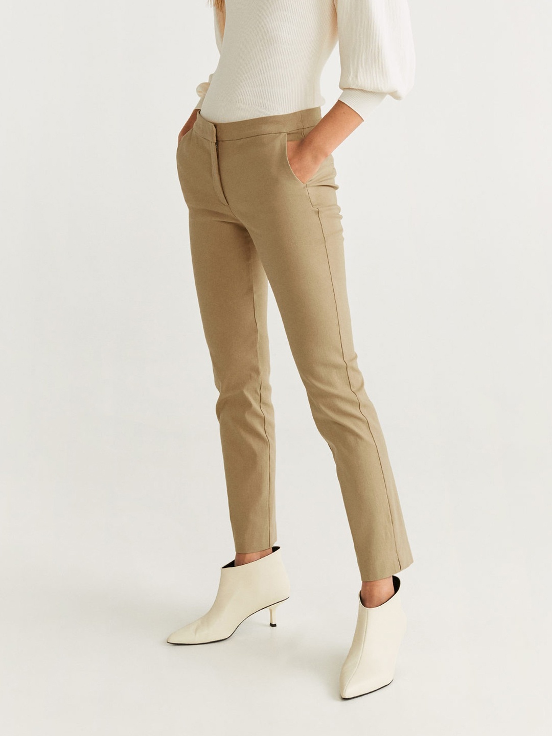 

MANGO Women Khaki Solid Cropped Trousers
