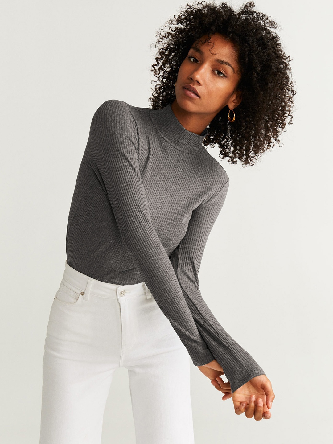 

MANGO Women Charcoal Grey Ribbed Regular Top