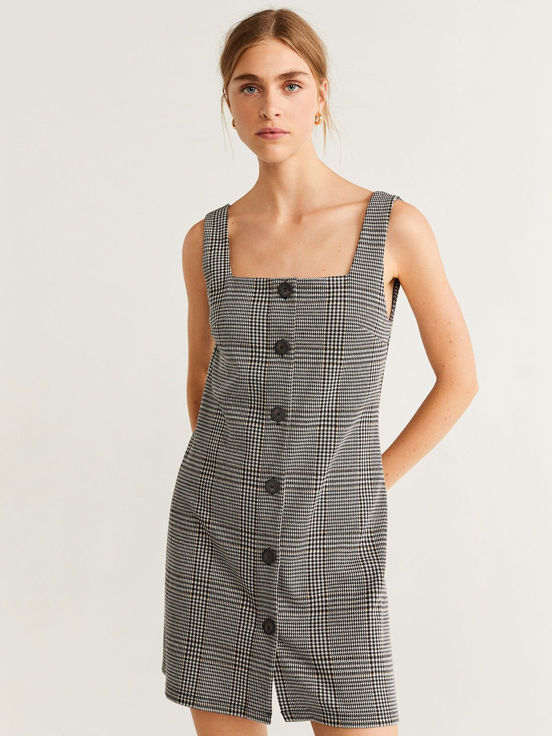 

MANGO Women Off-White & Black Checked Pinafore Dress