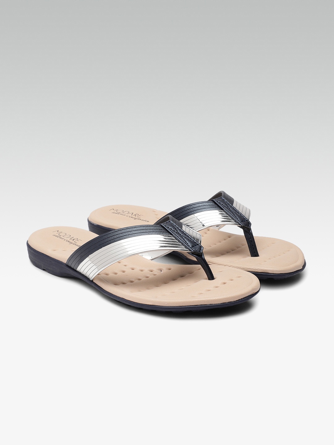 

MODARE Women Navy Blue & Silver-Toned Colourblocked Open Toe Flats