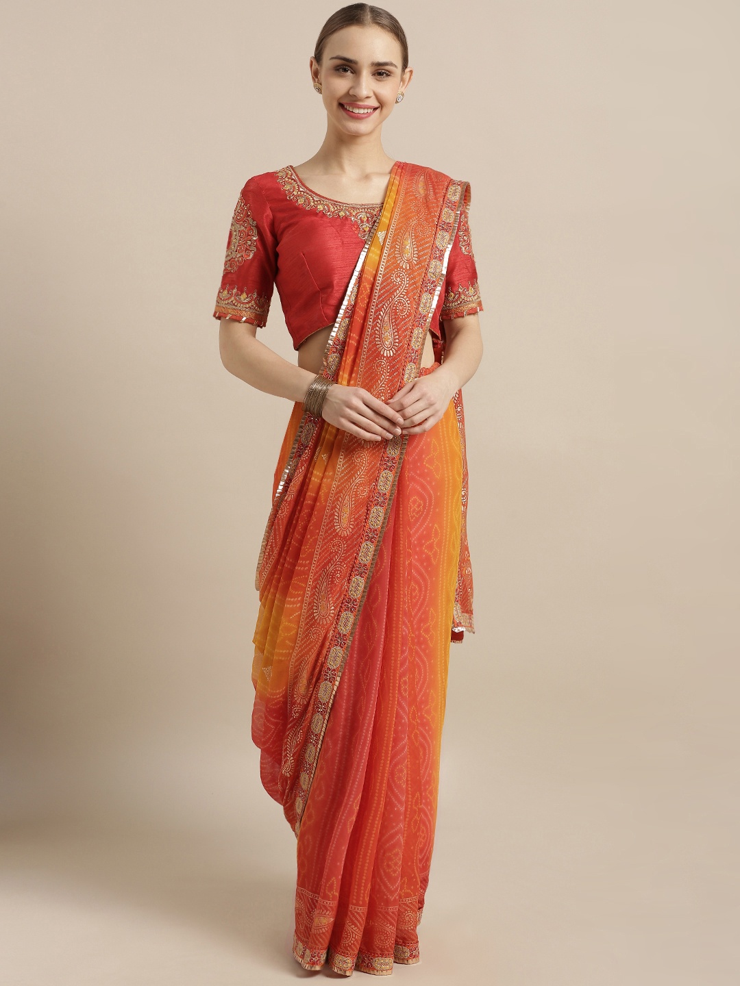 

Kvsfab Orange & Yellow Poly Georgette Printed Bandhani Saree