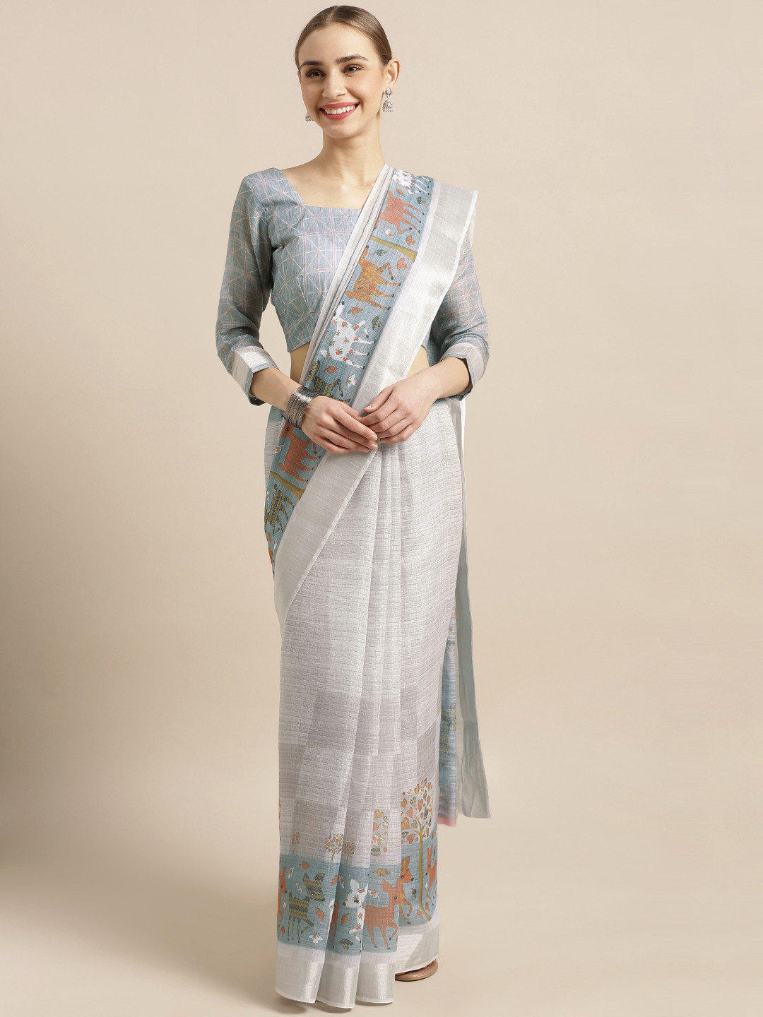 

Kvsfab Grey Printed Cotton Blend Saree