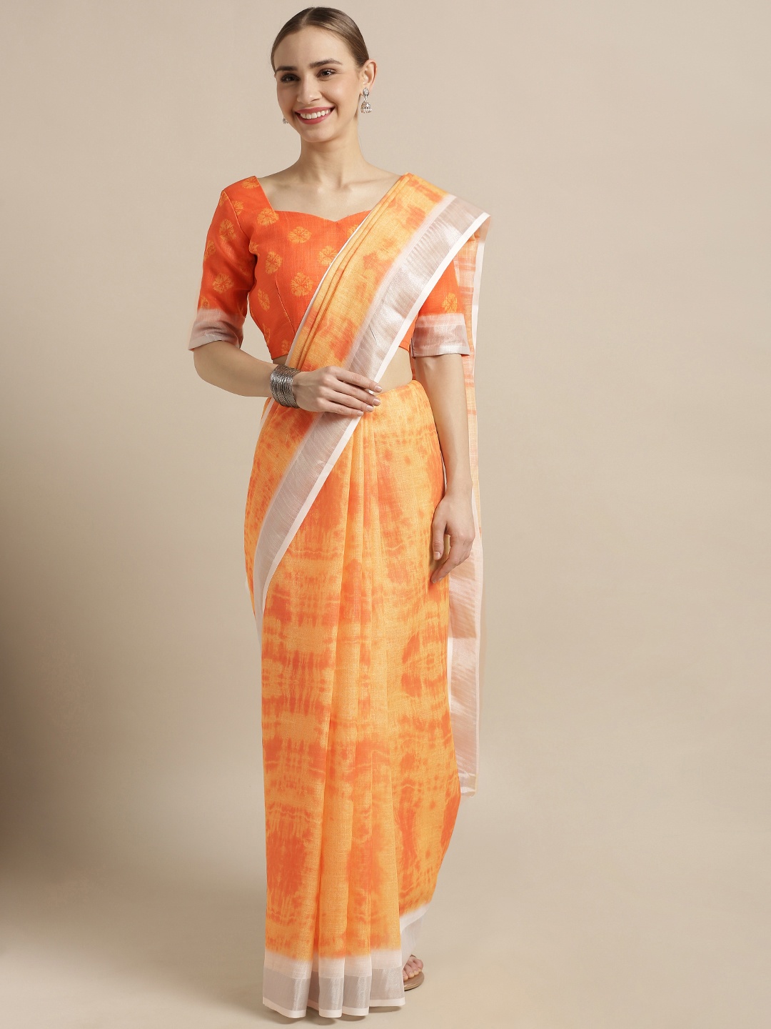 

Kvsfab Yellow & Orange Cotton Blend Dyed Saree