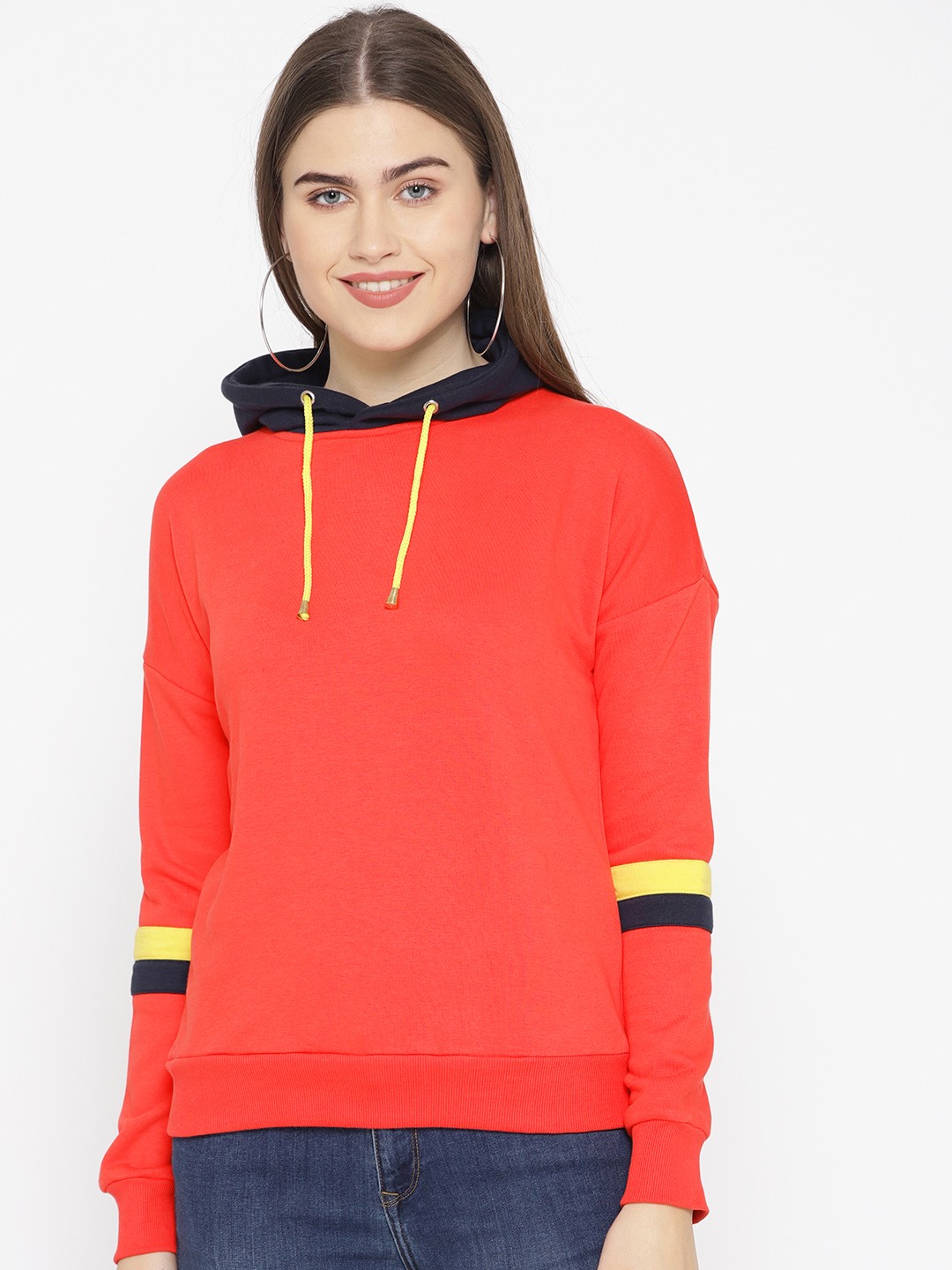 

Alsace Lorraine Paris Women Coral Red Solid Hooded Sweatshirt