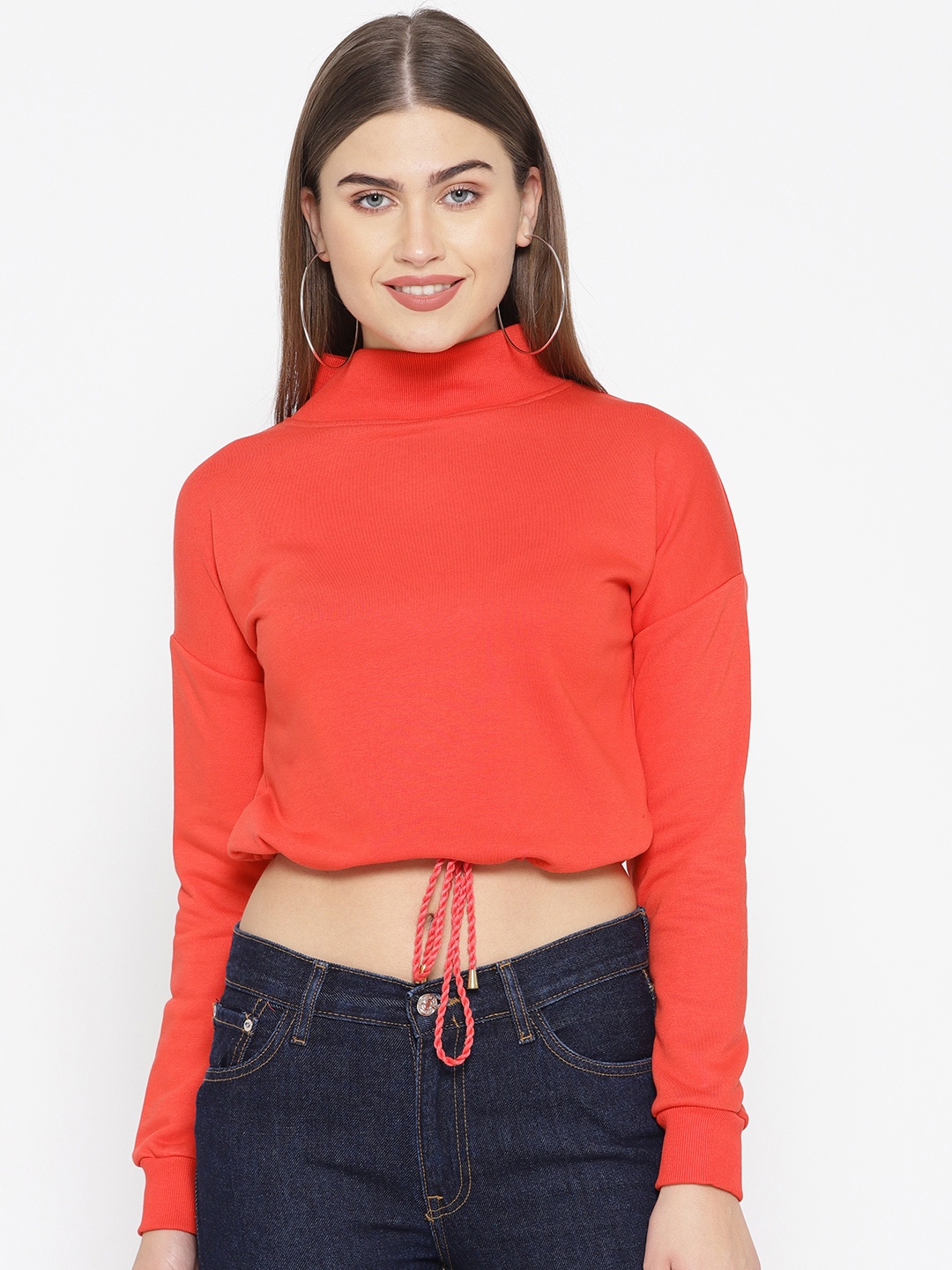 

Alsace Lorraine Paris Women Coral Red Solid Cropped Sweatshirt