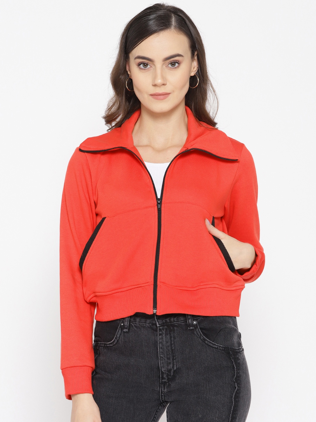 

Alsace Lorraine Paris Women Coral Red Solid Cropped Sweatshirt