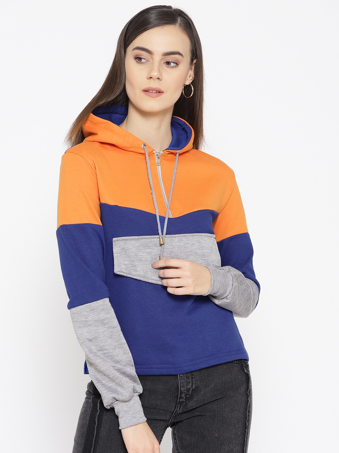 

Alsace Lorraine Paris Women Blue & Orange Colourblocked Hooded Sweatshirt