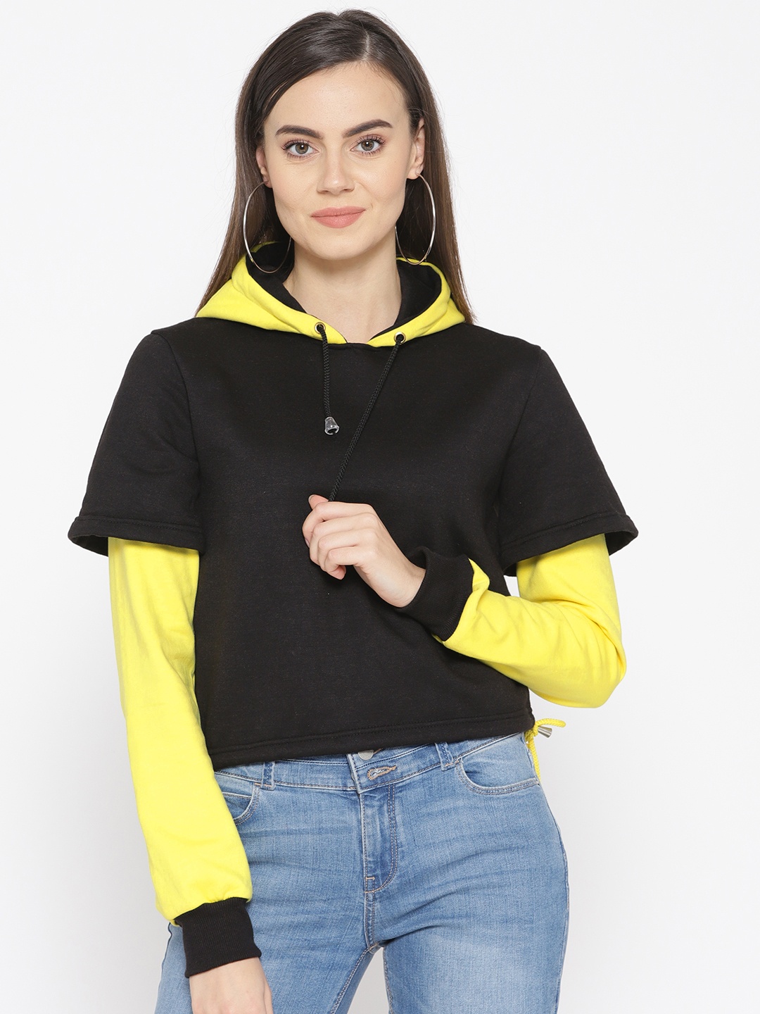 

Alsace Lorraine Paris Women Black & Yellow Solid Cropped Hooded Sweatshirt