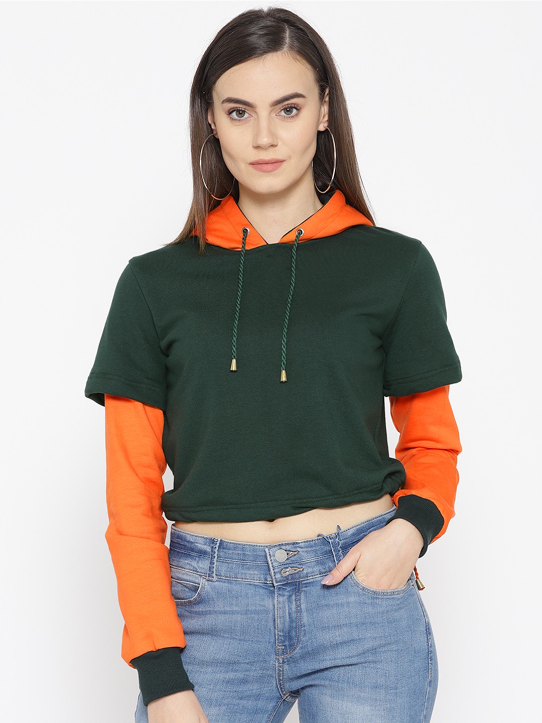 

Alsace Lorraine Paris Women Green & Orange Solid Hooded Crop Sweatshirt