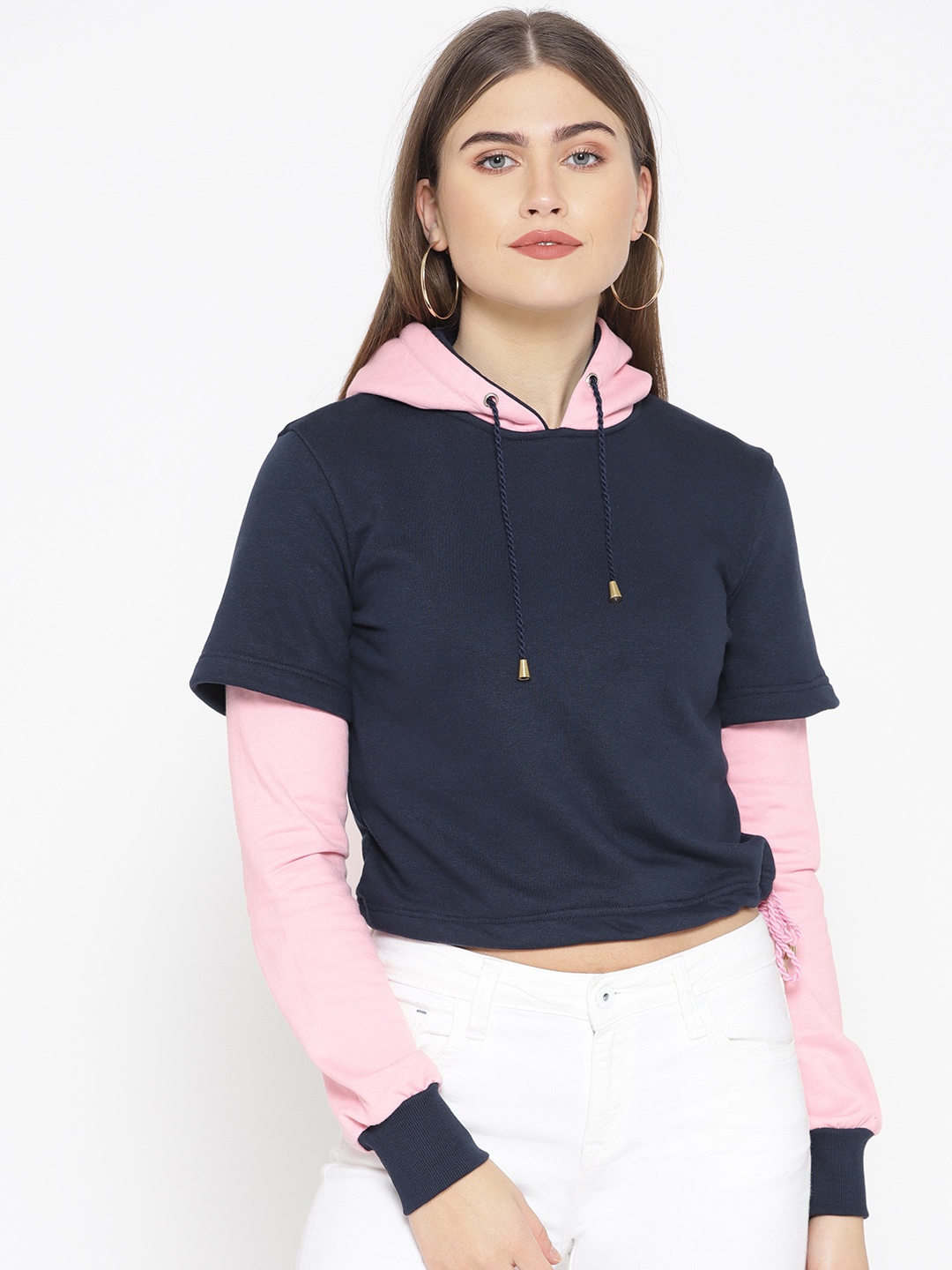 

Alsace Lorraine Paris Women Navy & Pink Solid Hooded Crop Sweatshirt, Navy blue