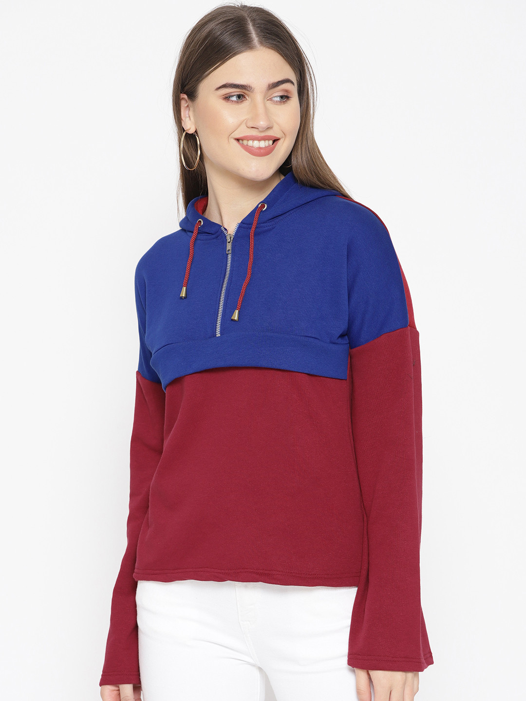 

Alsace Lorraine Paris Women Maroon & Blue Colourblocked Hooded Sweatshirt