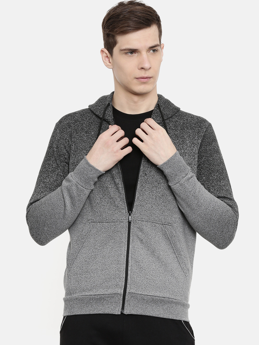 

Proline Active Men Grey & Black Printed Hooded Sweatshirt