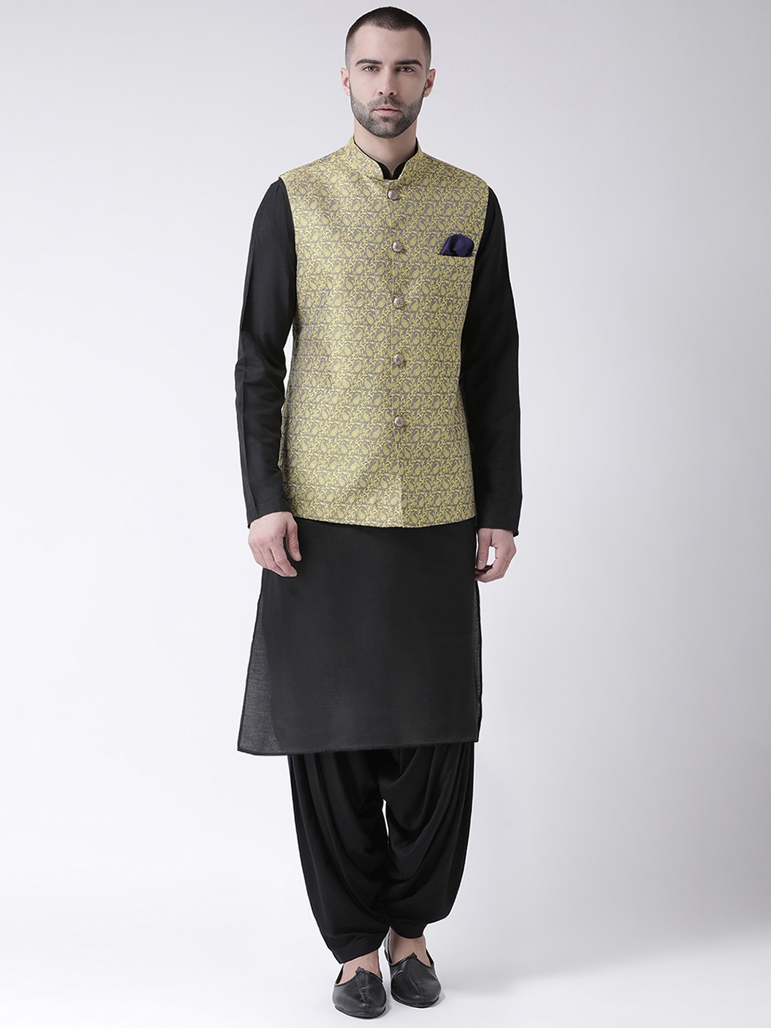 

KISAH Mandarin Collar Kurta with Patiala & Woven Design Nehru Jacket, Black