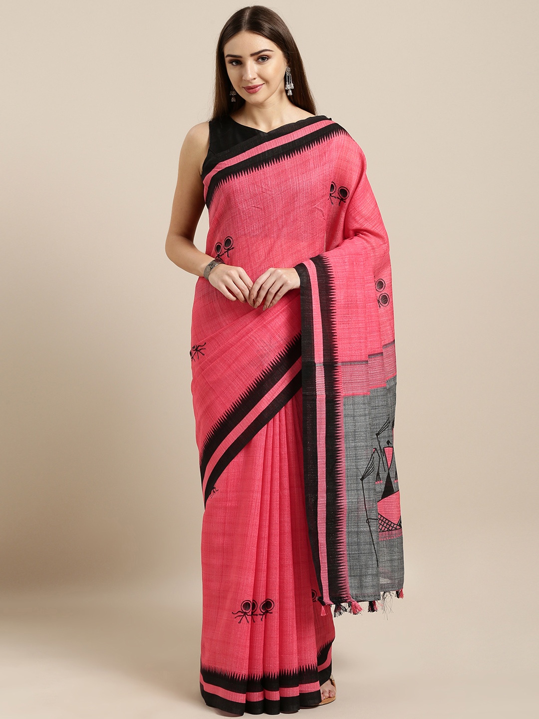 

Rajnandini Pink & Black Linen Blend Printed Saree